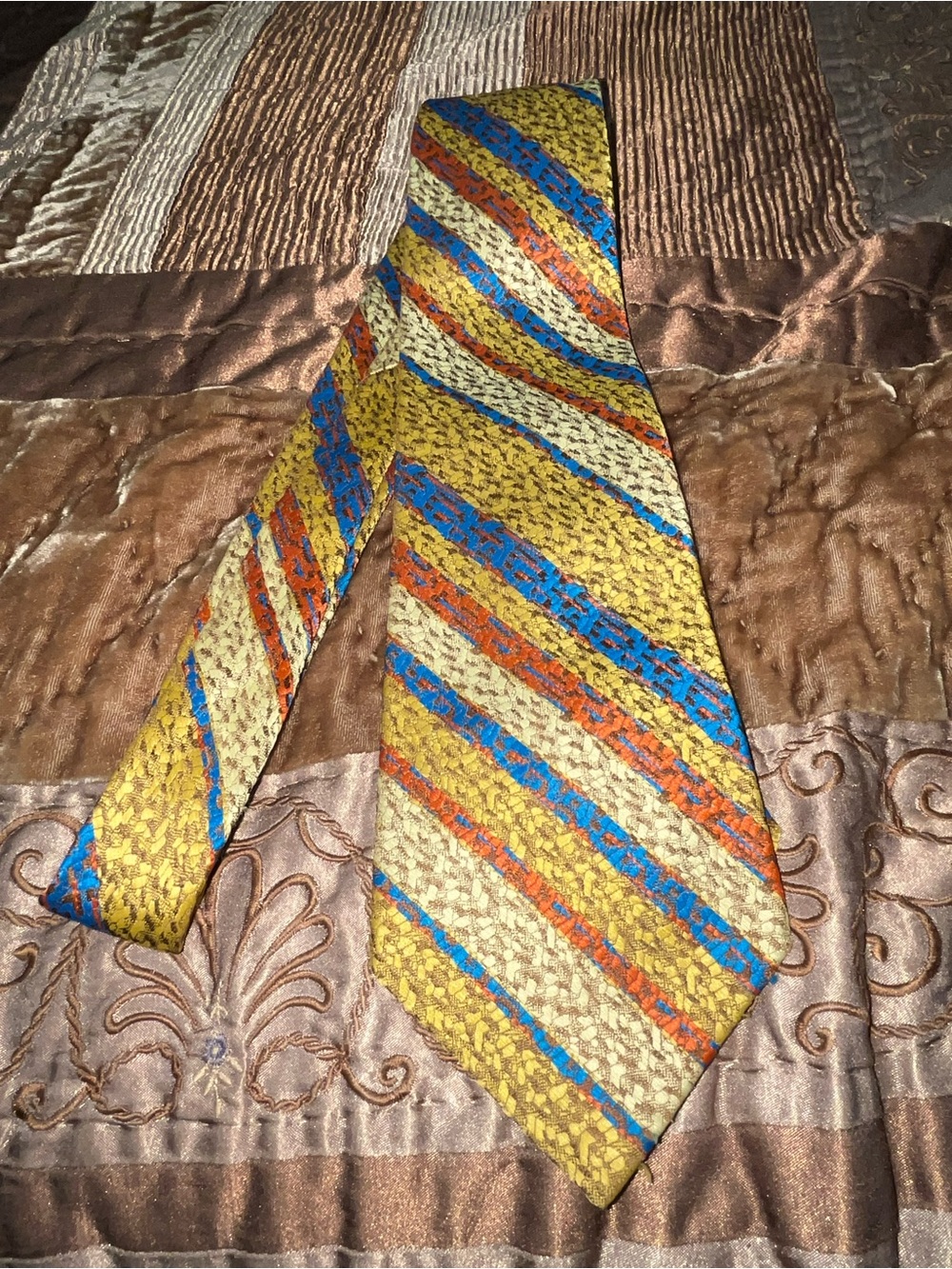 VTG Golden Clasp by Prince Consort Striped Yellow Tie with Blue & Orange Accents
